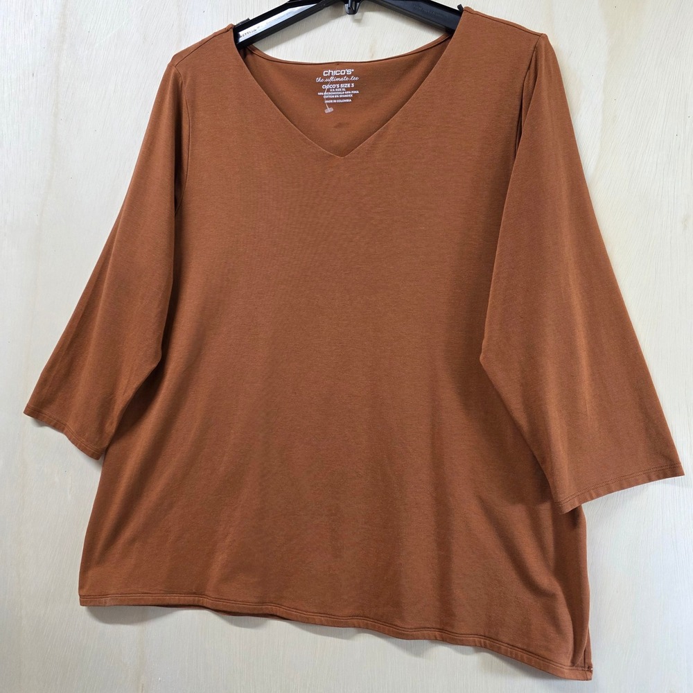 Chicos The Ultimate Tee Rust Orange V-Neck 3/4 Sleeve Pima Cotton Modal Top XL 3 - Picture 11 of 12